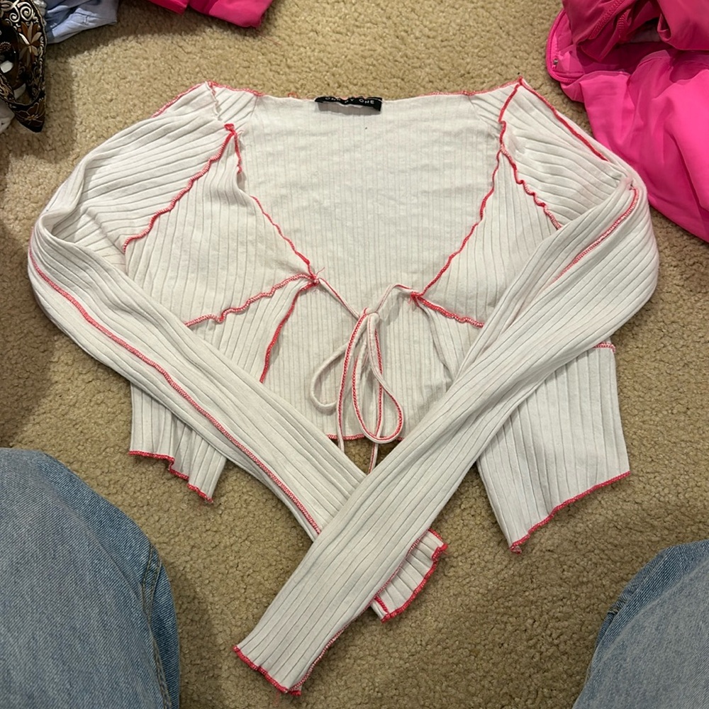 One by One white long sleeve tie front top